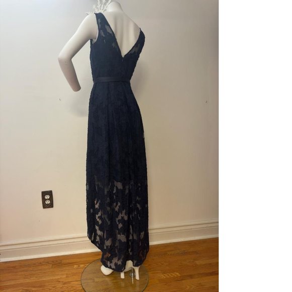 NEW Le Chateau flocked burnout Chiffon mesh lace Navy blue asymmetrical Maxi NWT - Picture 2 of 4